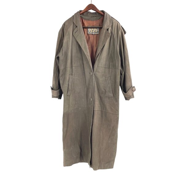 Vintage IZZI Mens Medium Long Leather Duster Coat Suede Brown Lined Steampunk - Picture 1 of 9
